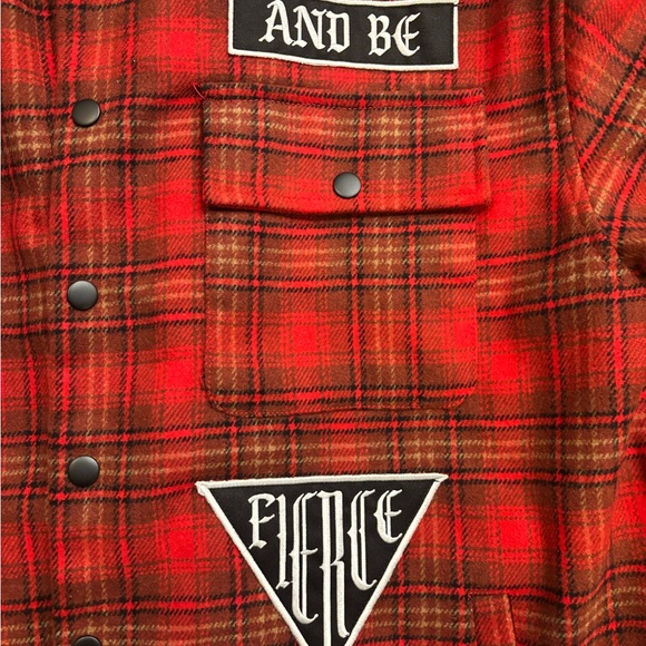 First Row Red Plaid Men's Jacket with Patches - Picture 6 of 9